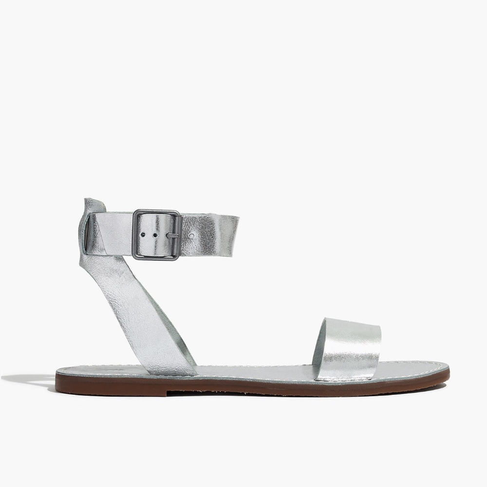 NEW Madewell size 6.5 Boardwalk Ankle - Strap Silver Genuine Leather Flat Sandal